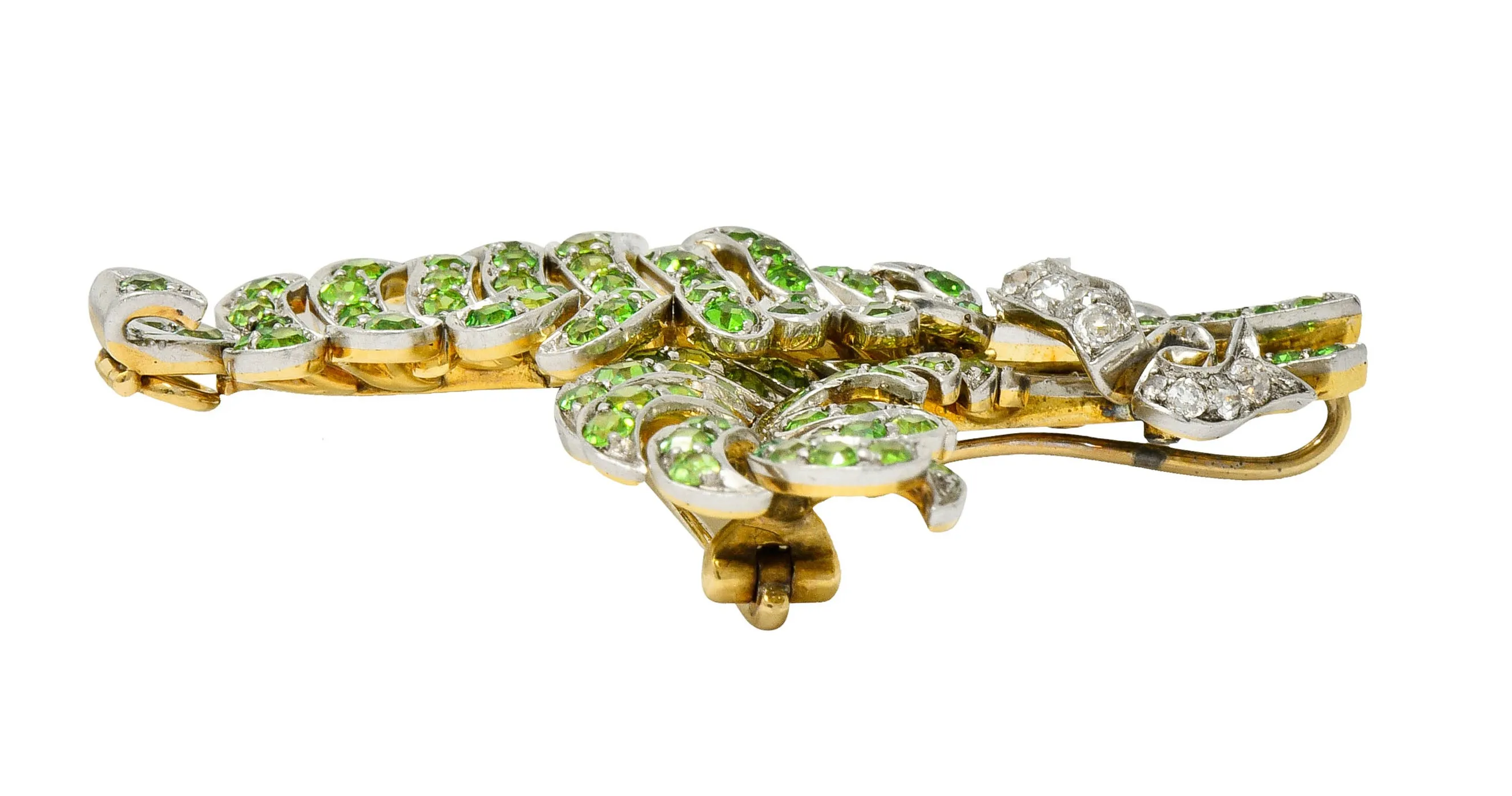T.B. Starr Demantoid Garnet Diamond Platinum 18 Karat Gold Fern Edwardian Pendant Brooch
