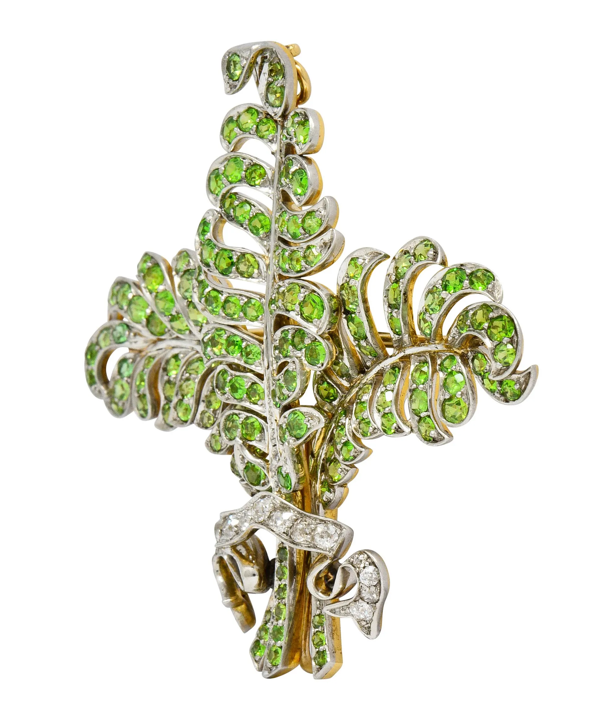 T.B. Starr Demantoid Garnet Diamond Platinum 18 Karat Gold Fern Edwardian Pendant Brooch
