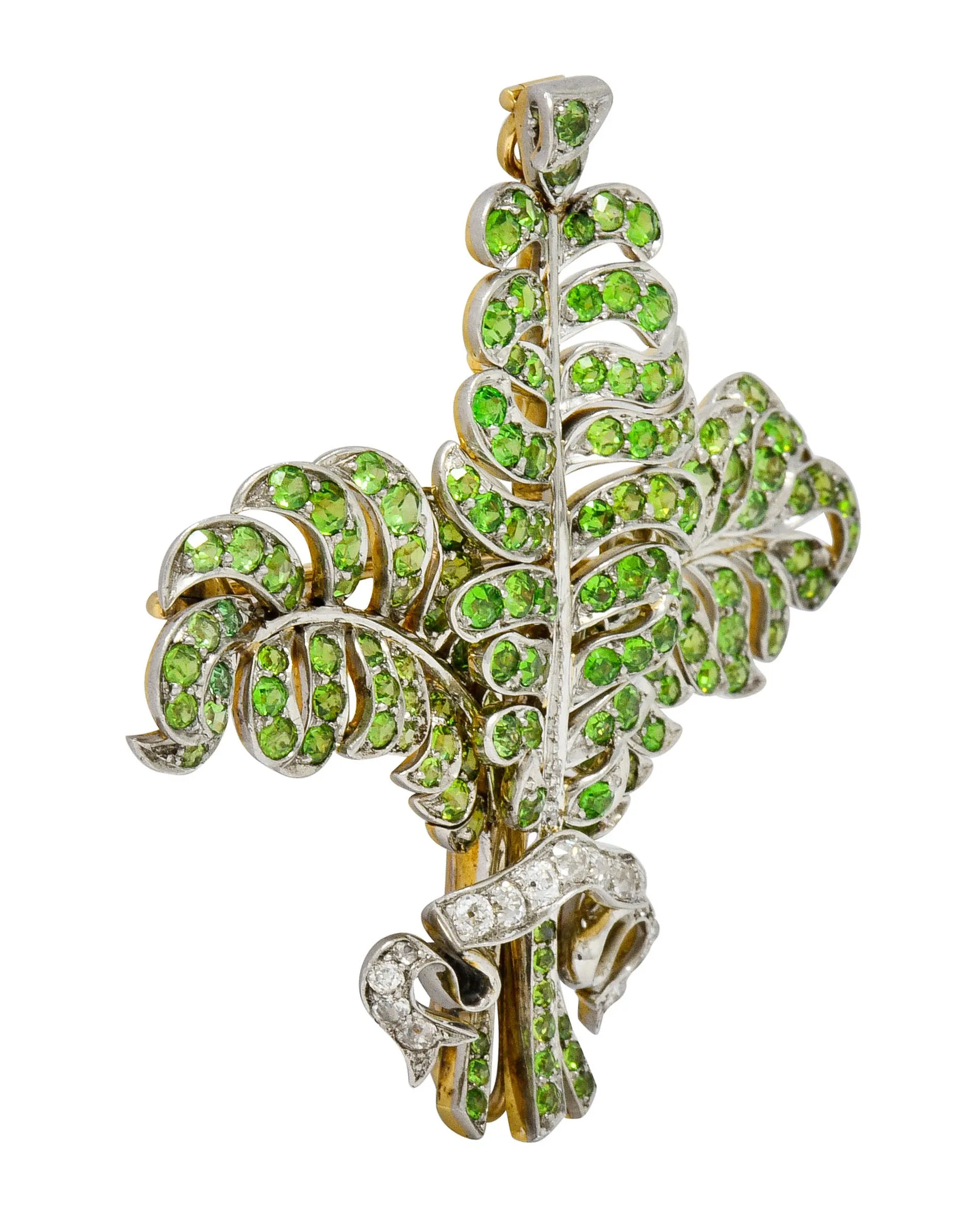 T.B. Starr Demantoid Garnet Diamond Platinum 18 Karat Gold Fern Edwardian Pendant Brooch