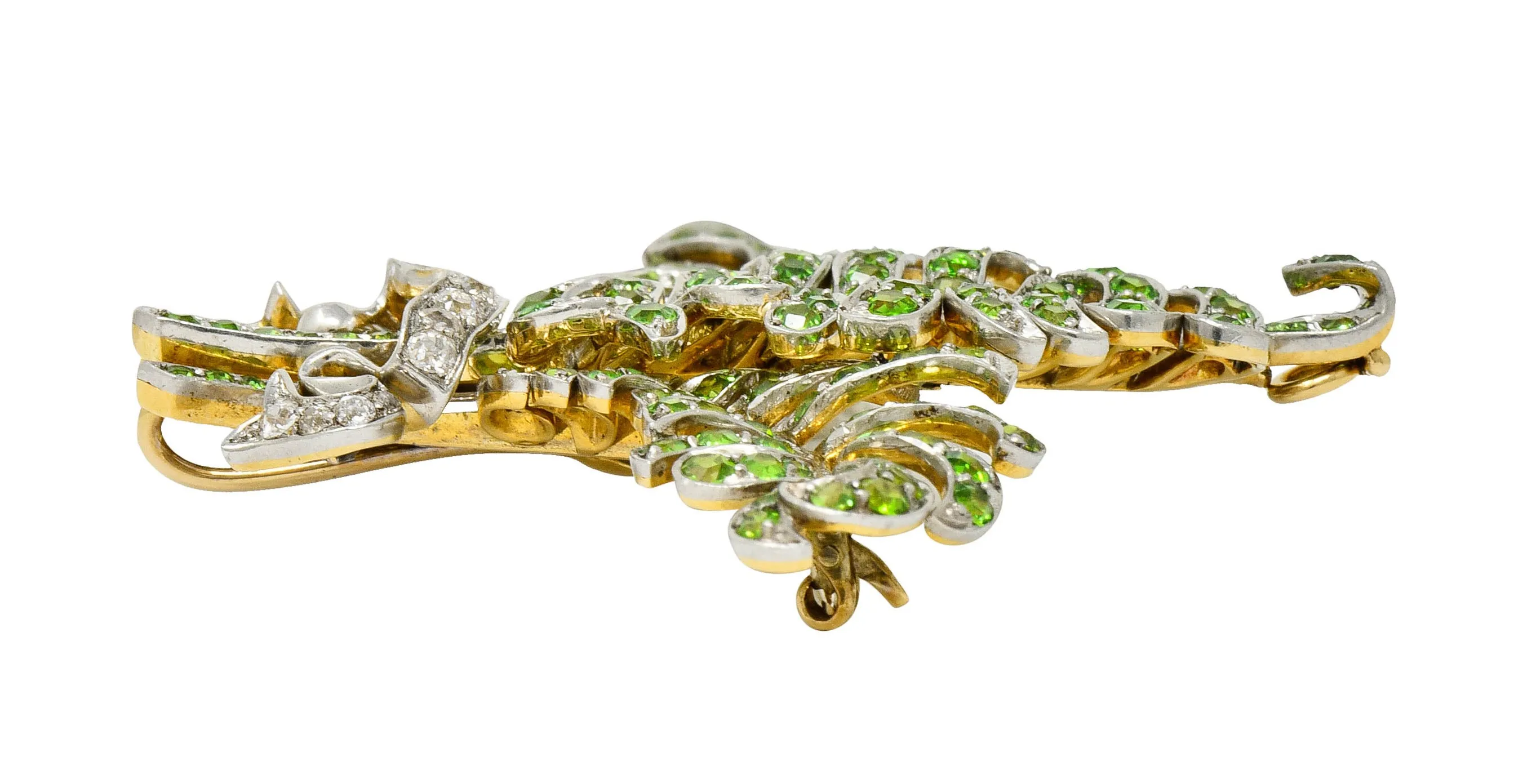 T.B. Starr Demantoid Garnet Diamond Platinum 18 Karat Gold Fern Edwardian Pendant Brooch