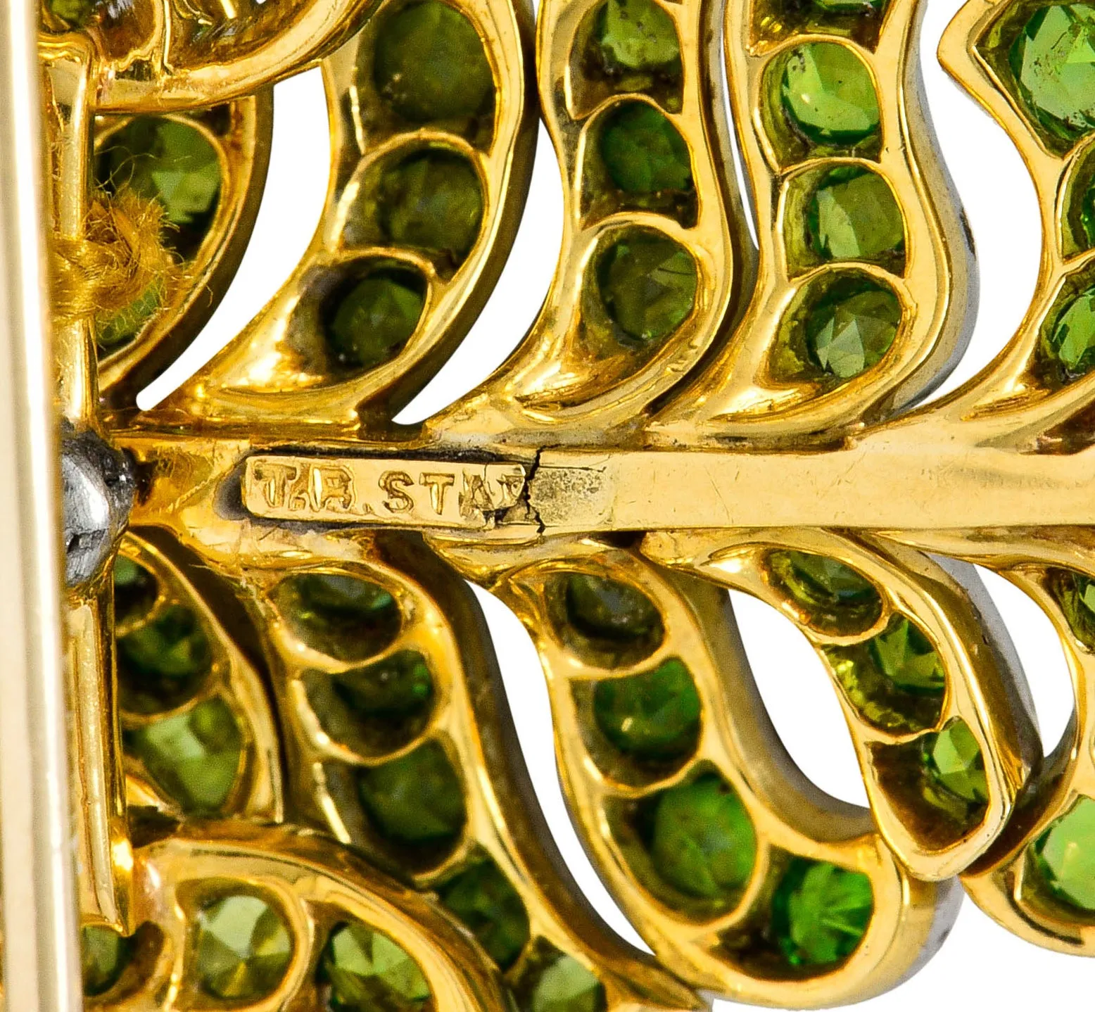 T.B. Starr Demantoid Garnet Diamond Platinum 18 Karat Gold Fern Edwardian Pendant Brooch