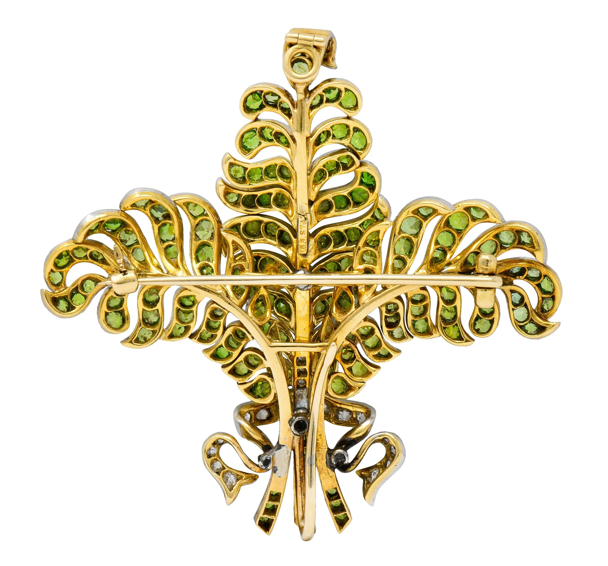 T.B. Starr Demantoid Garnet Diamond Platinum 18 Karat Gold Fern Edwardian Pendant Brooch