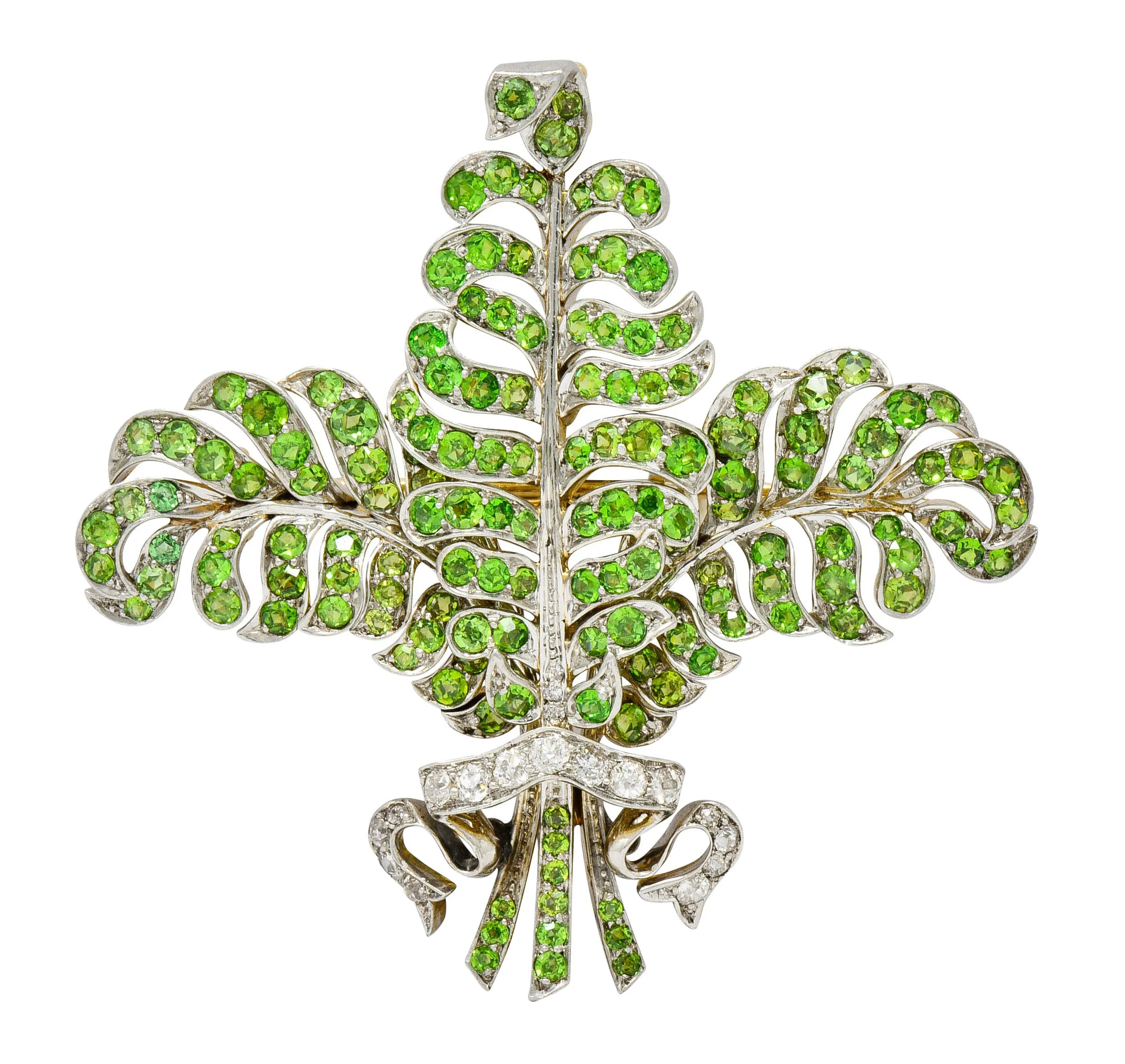 T.B. Starr Demantoid Garnet Diamond Platinum 18 Karat Gold Fern Edwardian Pendant Brooch