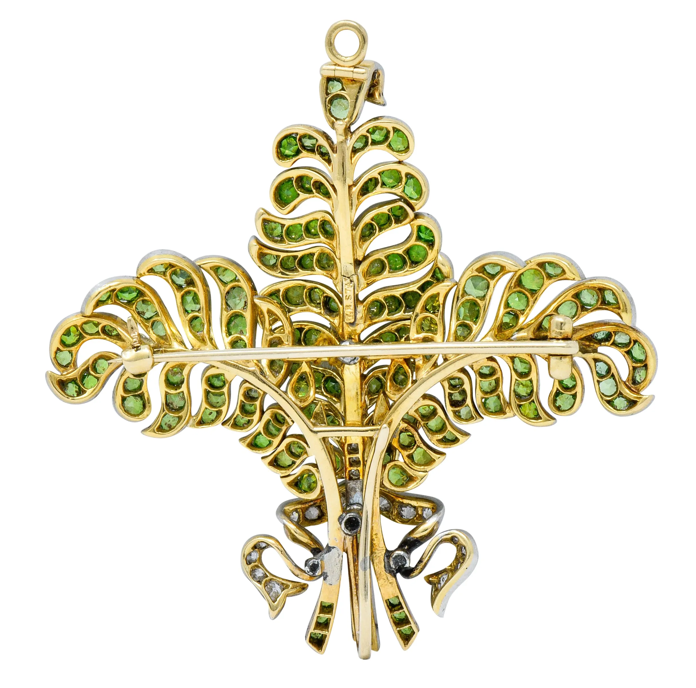 T.B. Starr Demantoid Garnet Diamond Platinum 18 Karat Gold Fern Edwardian Pendant Brooch