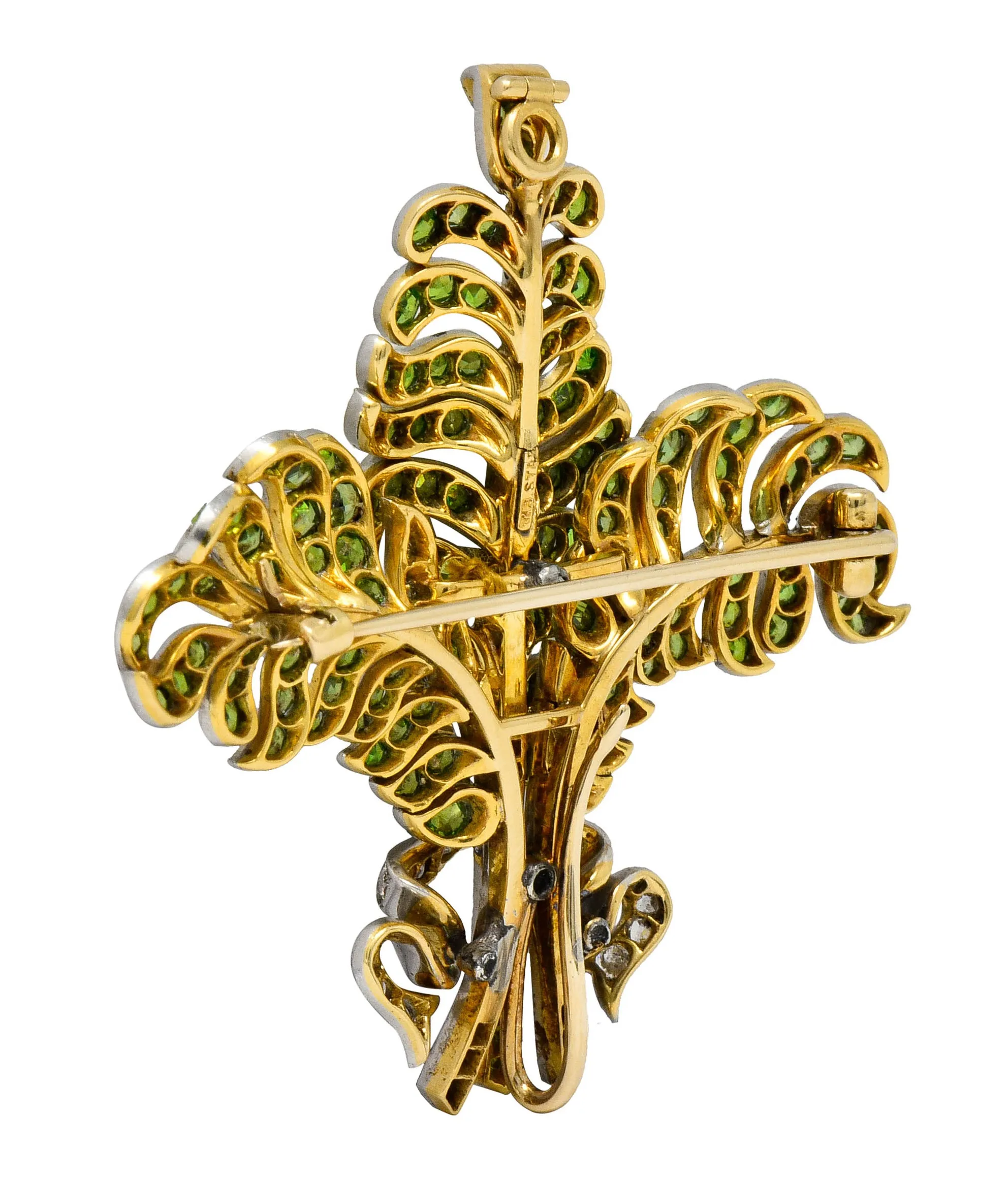 T.B. Starr Demantoid Garnet Diamond Platinum 18 Karat Gold Fern Edwardian Pendant Brooch