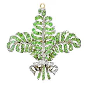 T.B. Starr Demantoid Garnet Diamond Platinum 18 Karat Gold Fern Edwardian Pendant Brooch
