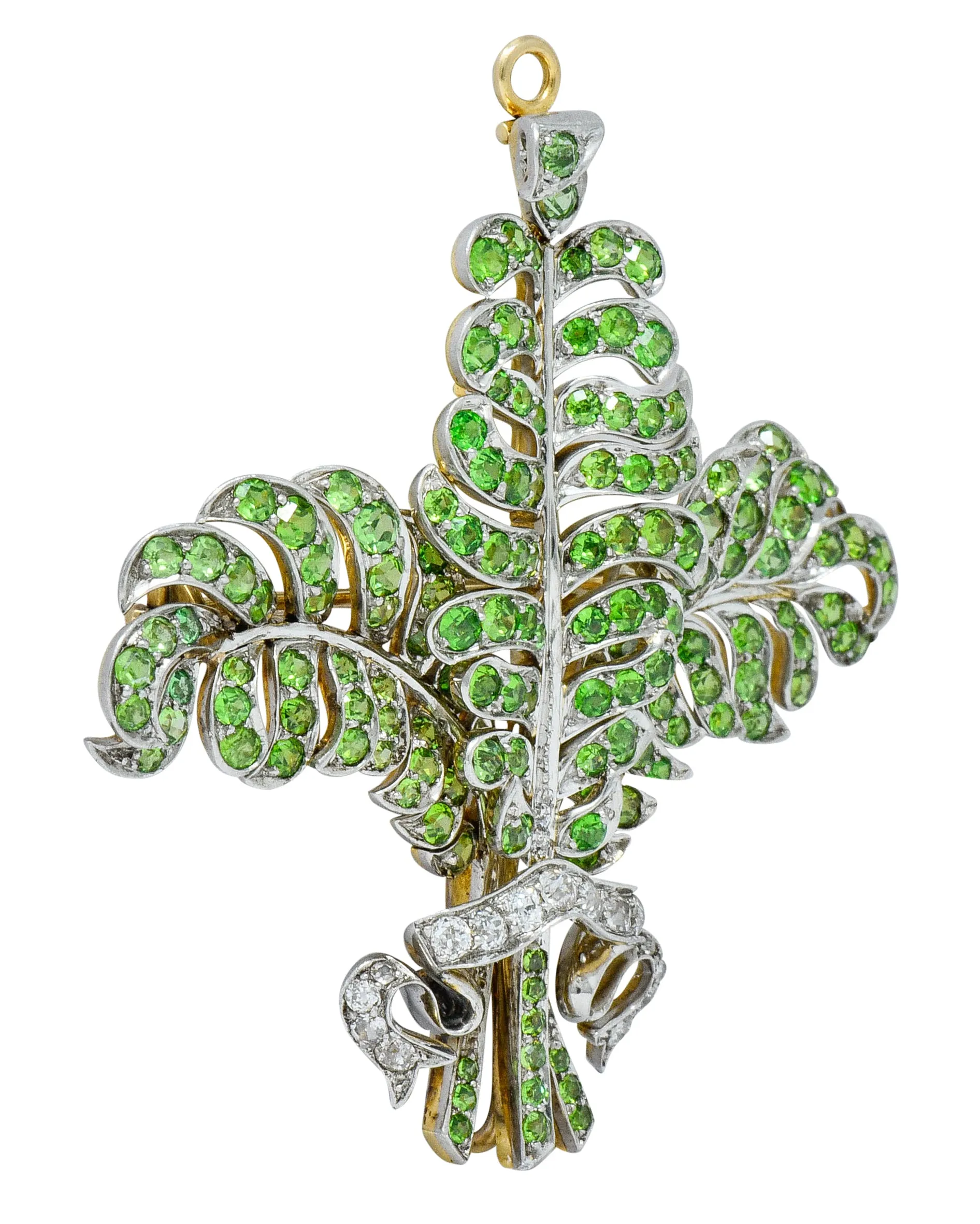 T.B. Starr Demantoid Garnet Diamond Platinum 18 Karat Gold Fern Edwardian Pendant Brooch