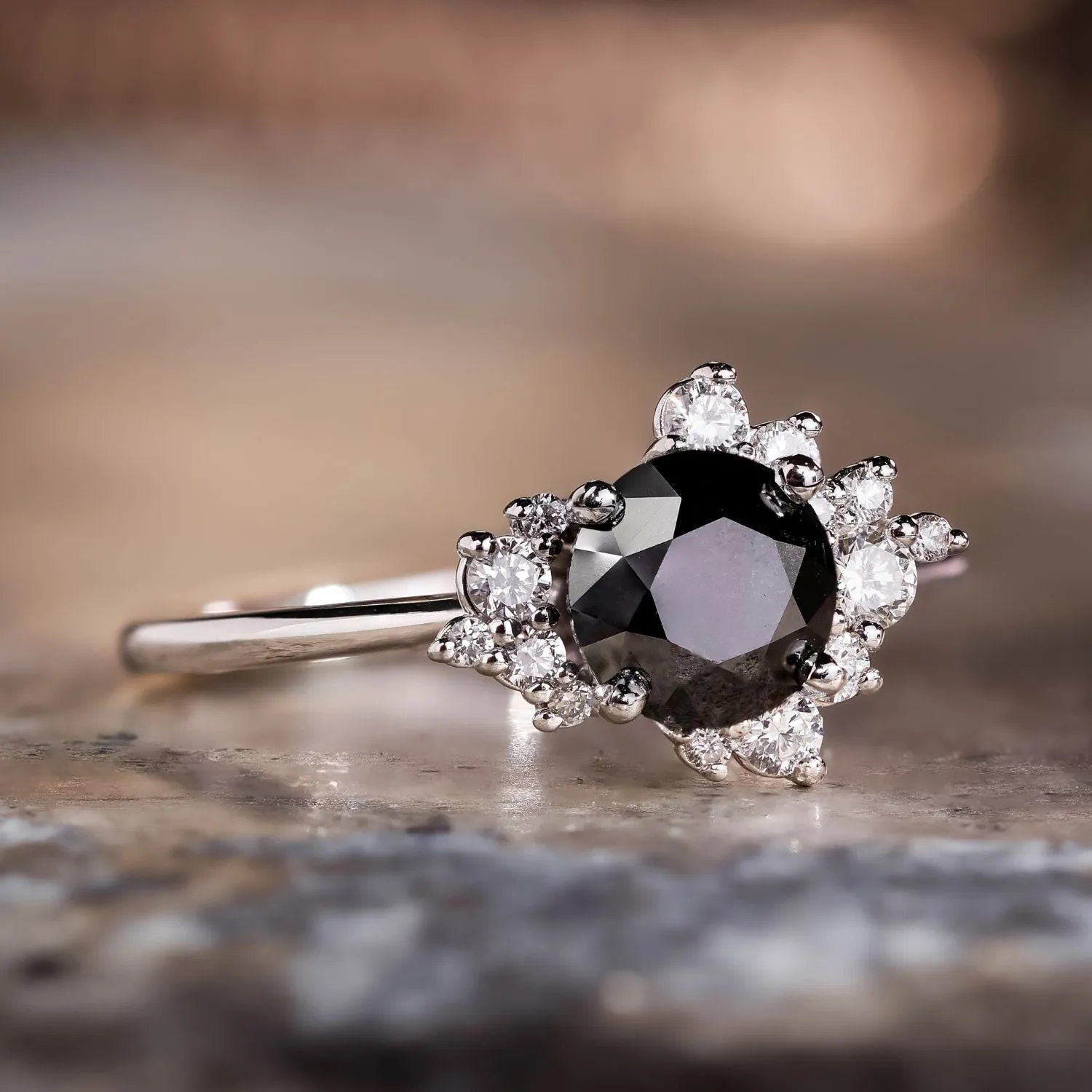 The Nova - Celestial Natural Black Diamond Engagement Ring with Diamond Cluster Accents