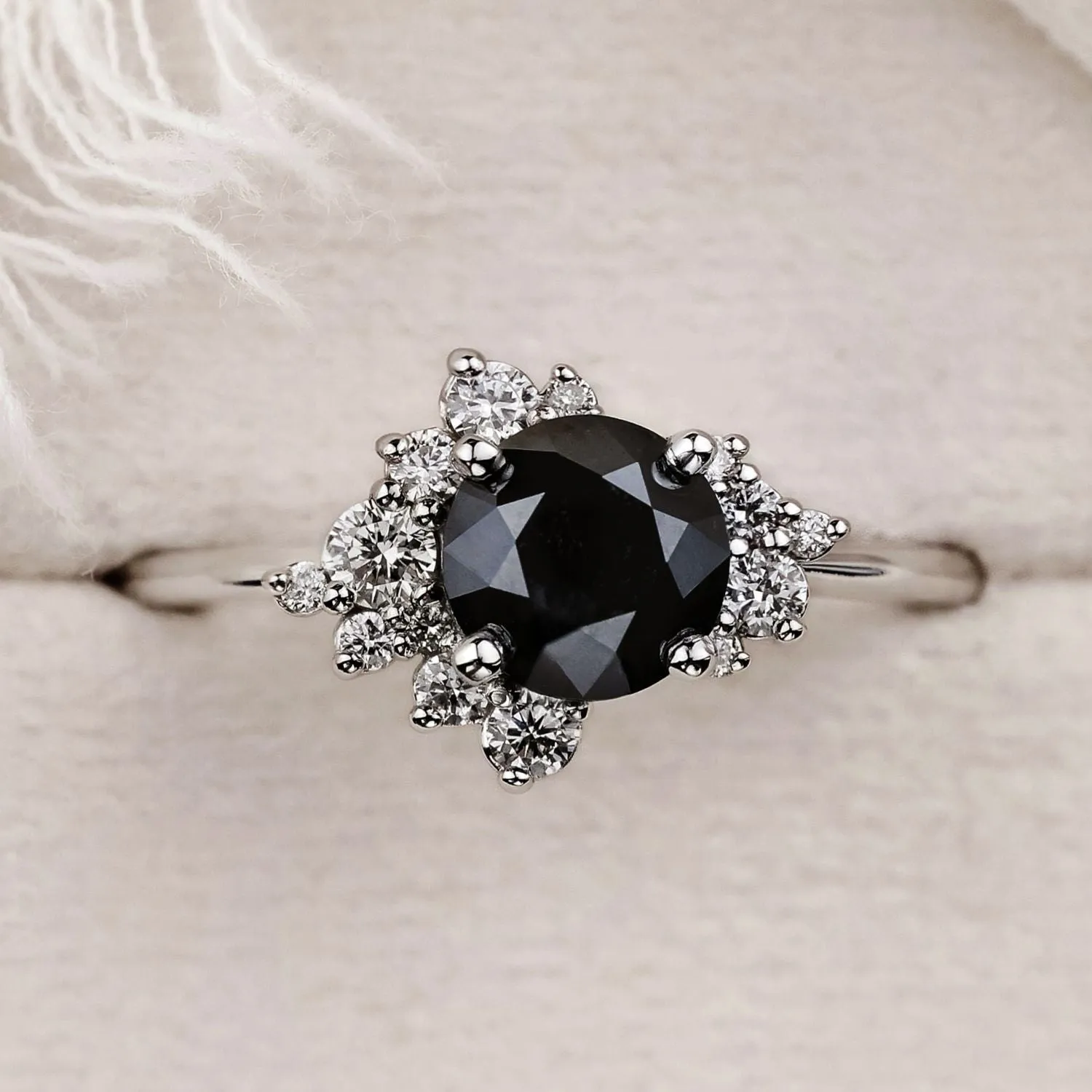 The Nova - Celestial Natural Black Diamond Engagement Ring with Diamond Cluster Accents