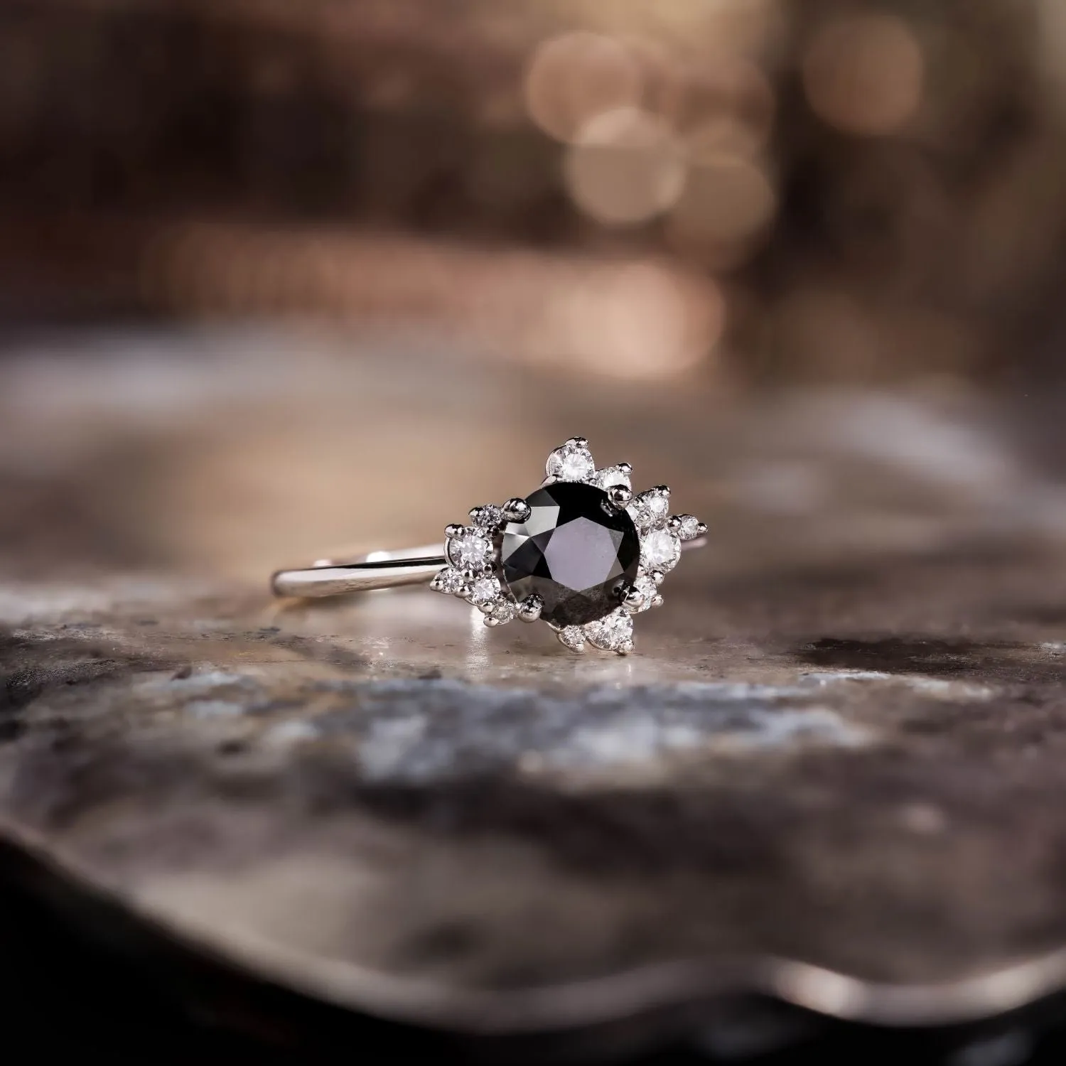 The Nova - Celestial Natural Black Diamond Engagement Ring with Diamond Cluster Accents