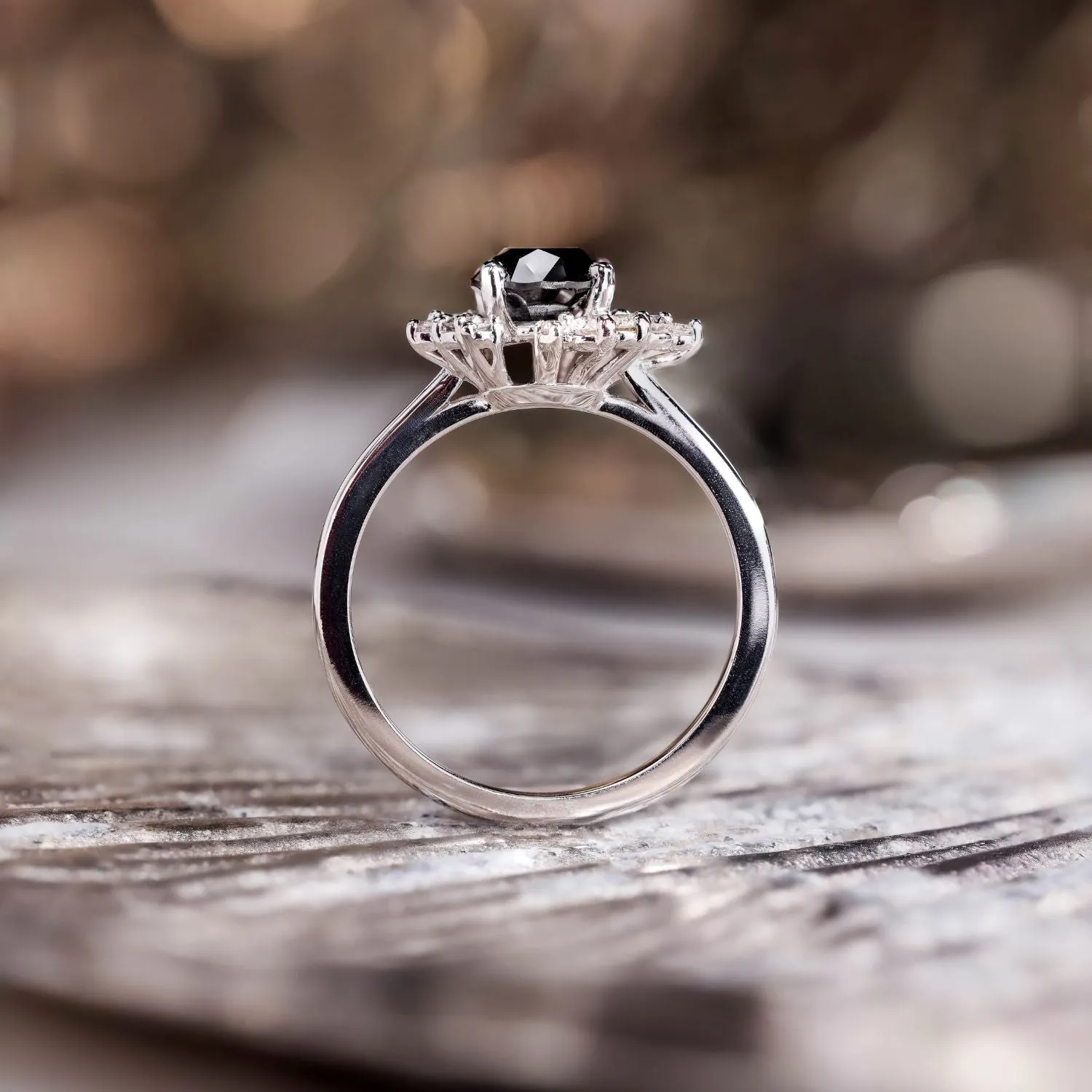 The Nova - Celestial Natural Black Diamond Engagement Ring with Diamond Cluster Accents