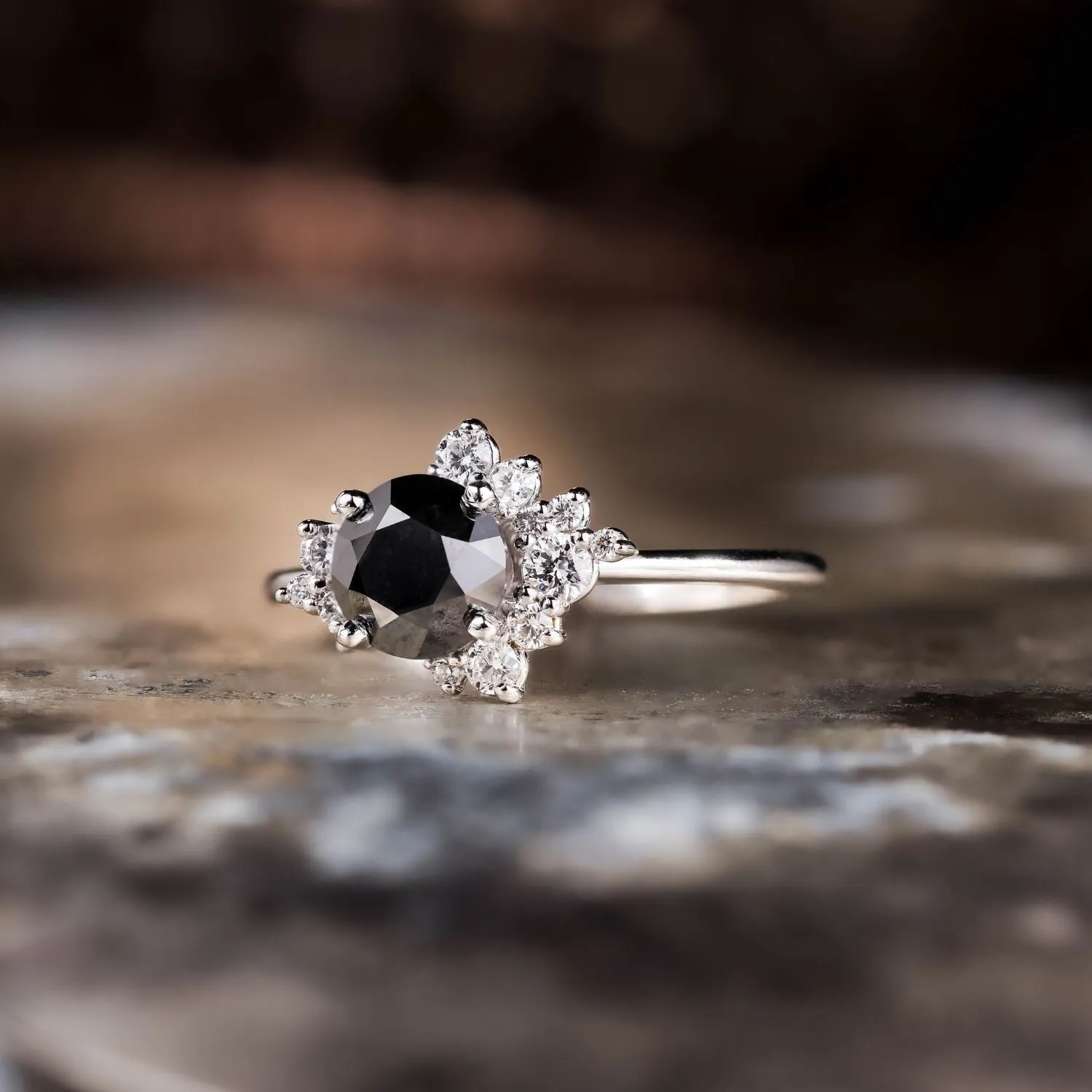 The Nova - Celestial Natural Black Diamond Engagement Ring with Diamond Cluster Accents