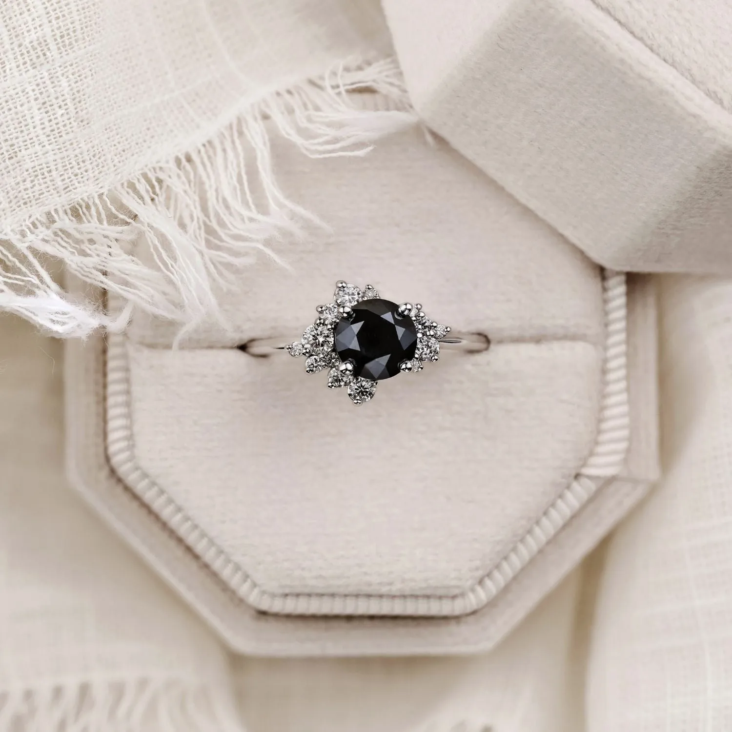 The Nova - Celestial Natural Black Diamond Engagement Ring with Diamond Cluster Accents