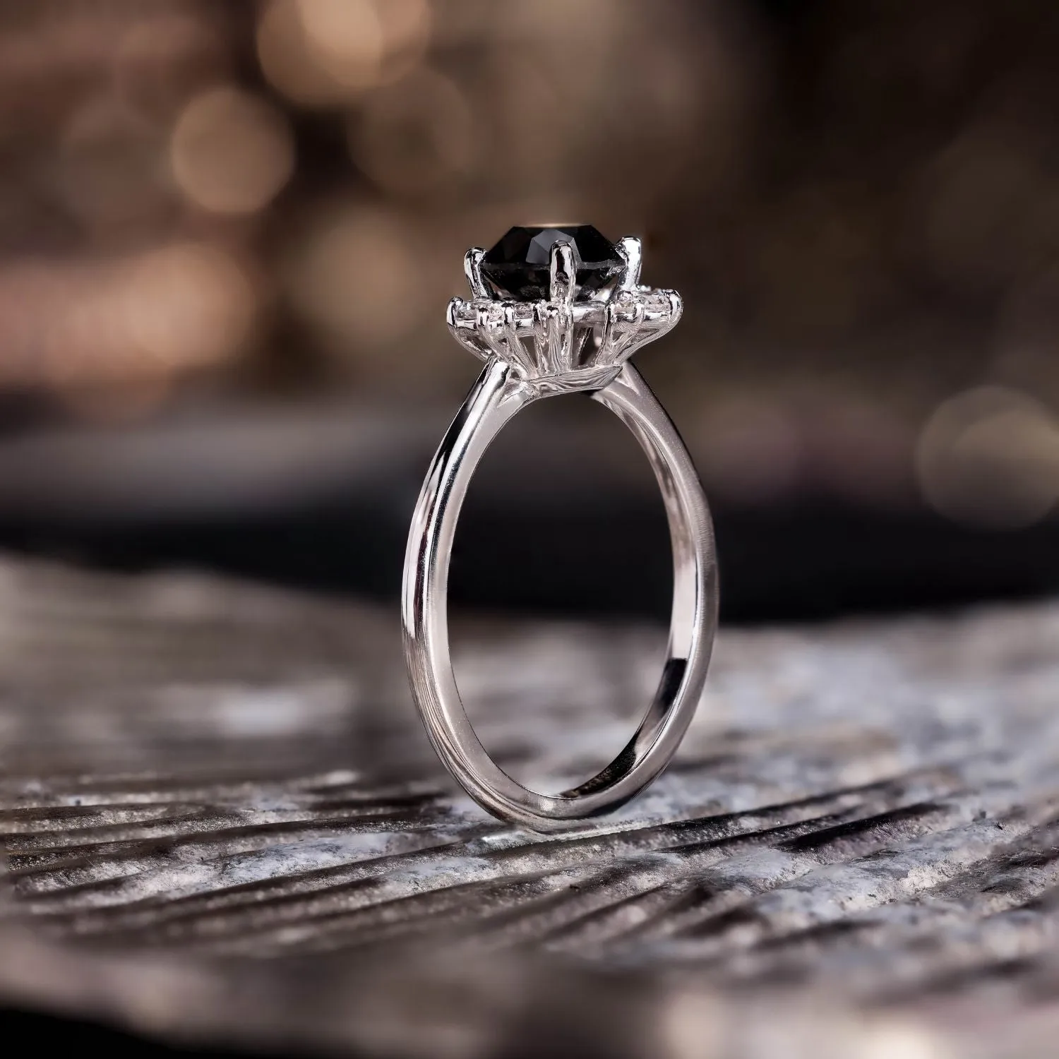 The Nova - Celestial Natural Black Diamond Engagement Ring with Diamond Cluster Accents