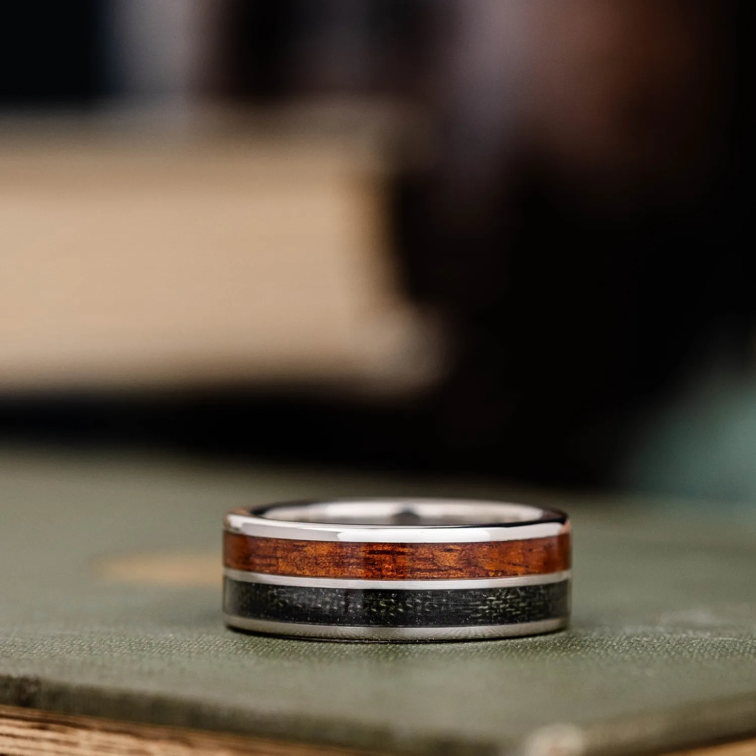 The Pacific | Men's Silver Wedding Band with Koa Wood & Air Force Flight Suit