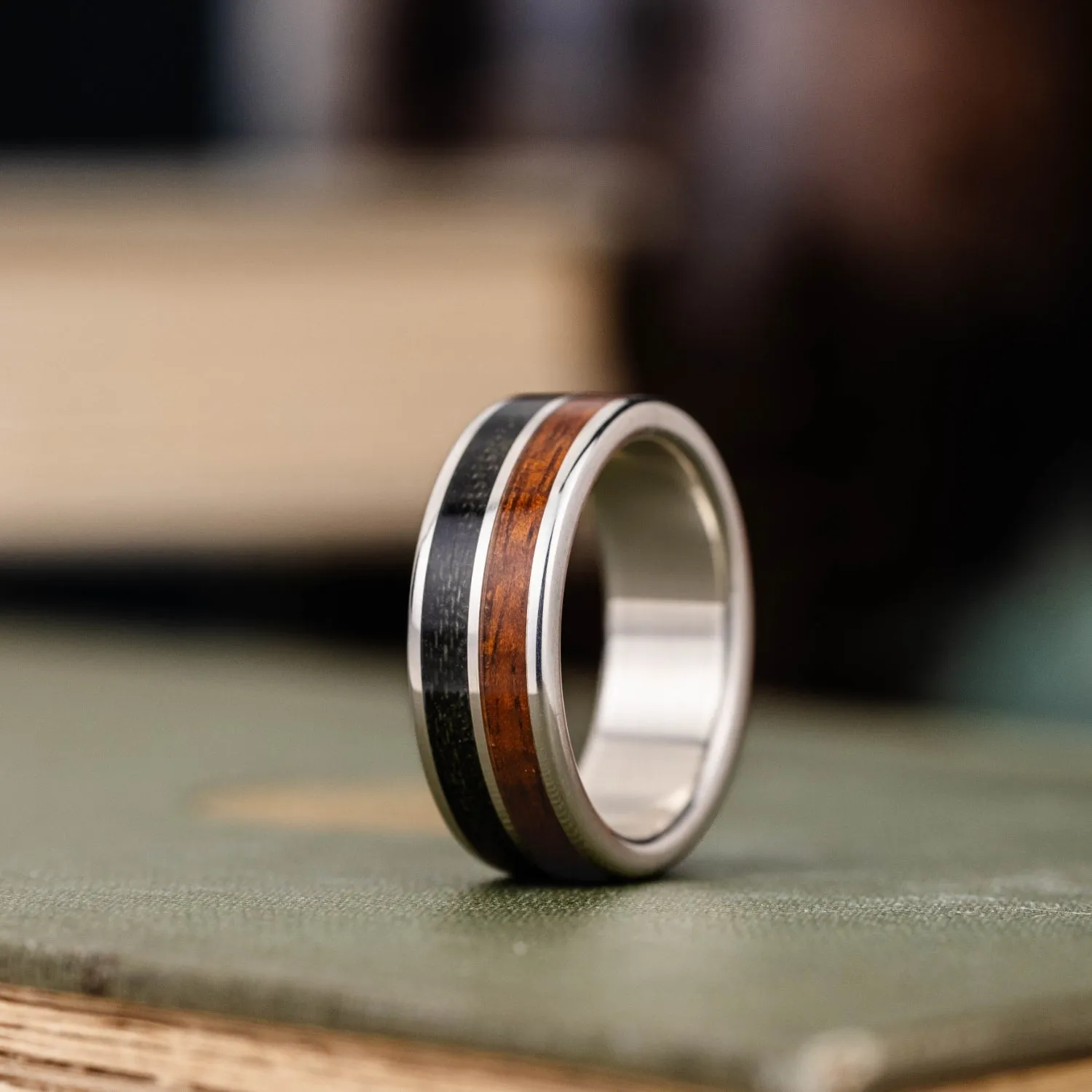 The Pacific | Men's Silver Wedding Band with Koa Wood & Air Force Flight Suit