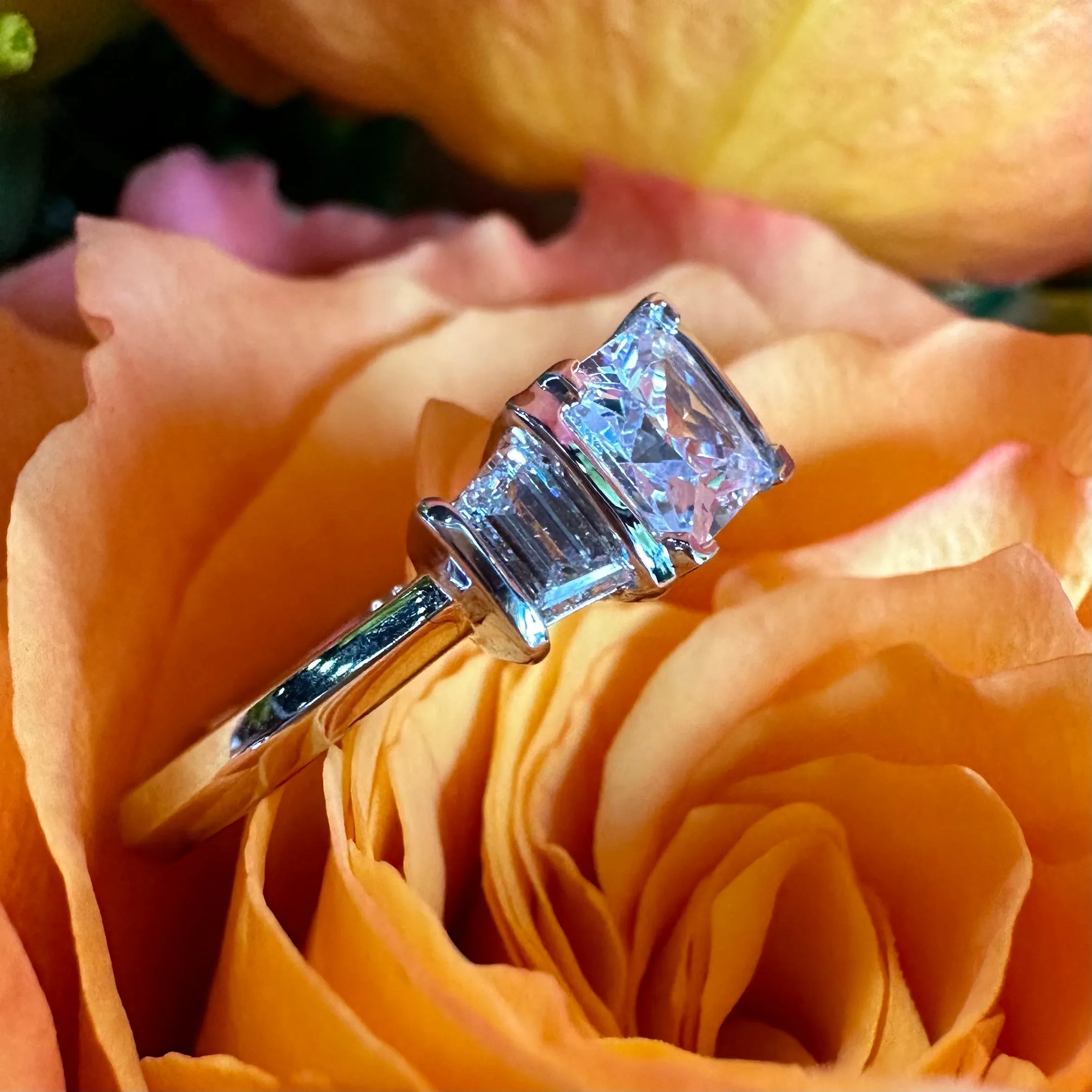 Three Stone Trapezoid Semi Mount 14K White Gold Engagement Ring