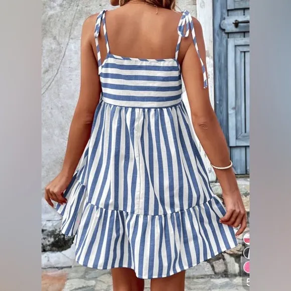 Tied sleeve striped pink white mini smock dress boho preppy