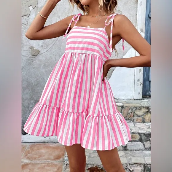 Tied sleeve striped pink white mini smock dress boho preppy