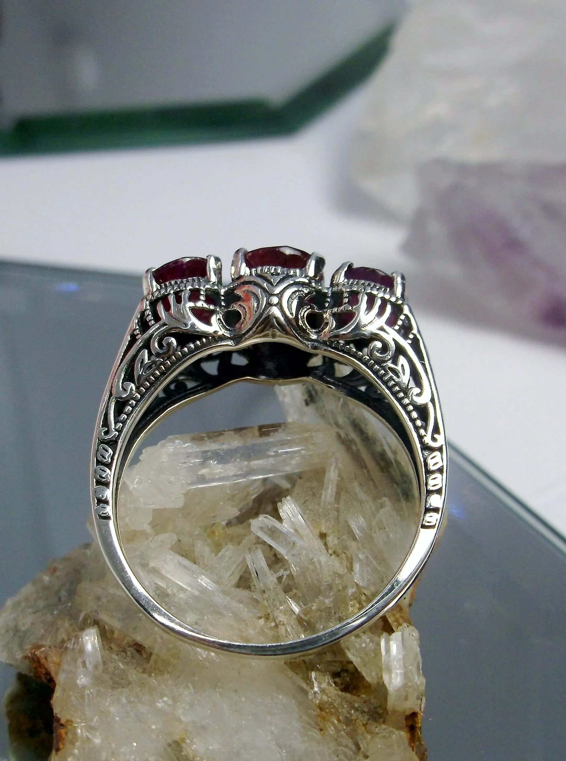 Trinity Ruby Ring, Size 10, Triple Gem Art Deco Ring | Vintage Style Jewelry #D41 -Ready to Ship