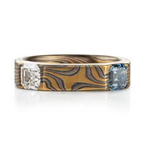 Unique Flat Top Mokume Ring with Sapphire and Diamond