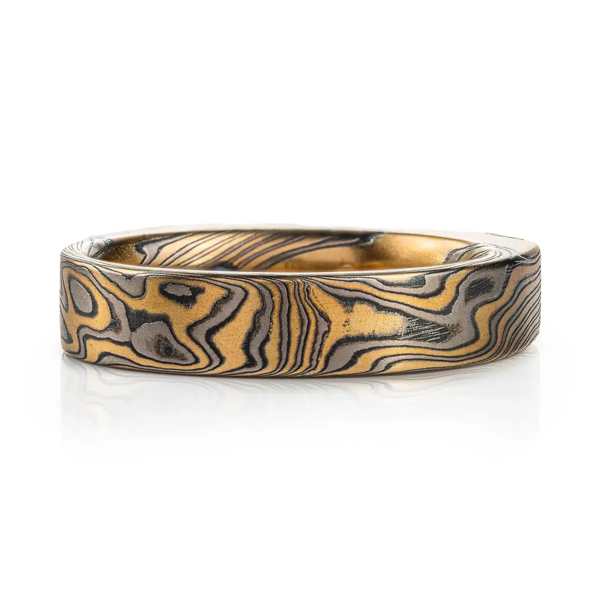 Unique Flat Top Mokume Ring with Sapphire and Diamond