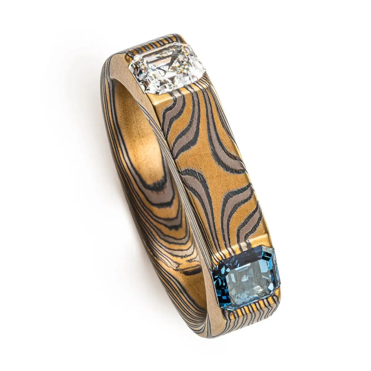 Unique Flat Top Mokume Ring with Sapphire and Diamond