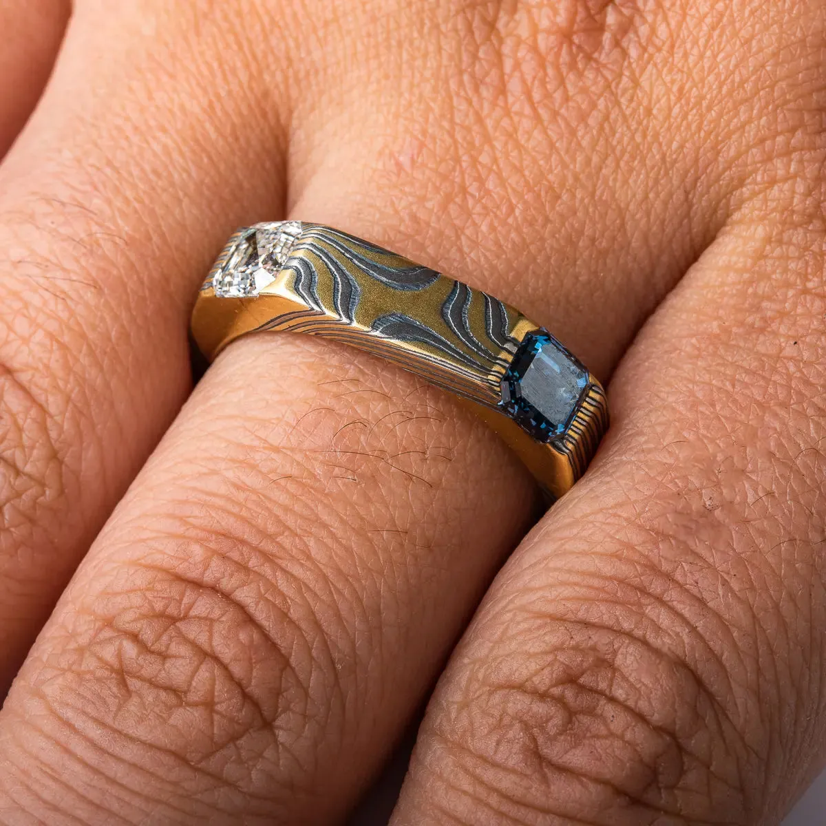 Unique Flat Top Mokume Ring with Sapphire and Diamond