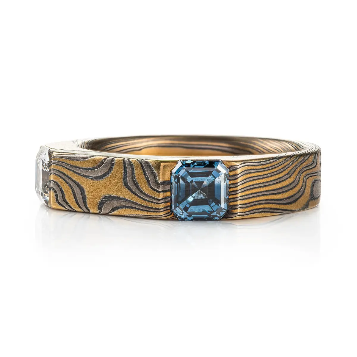 Unique Flat Top Mokume Ring with Sapphire and Diamond