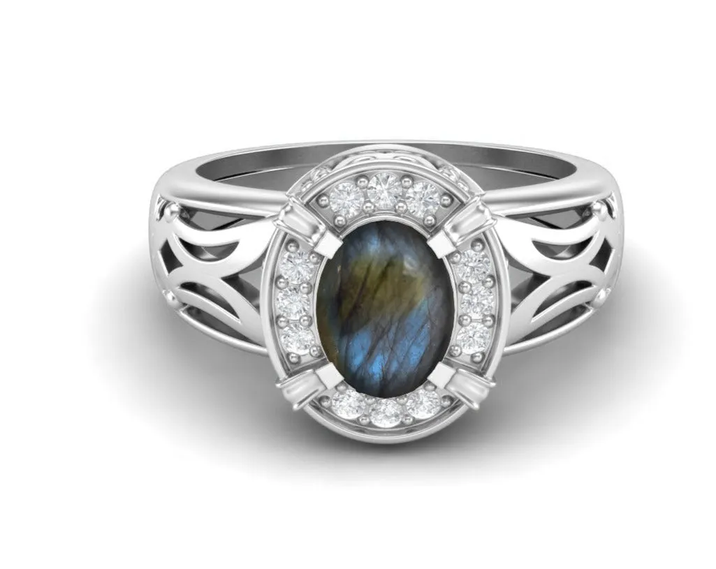 Unique Labradorite Wedding Ring Vintage Bridal Ring Antique Engagement Ring