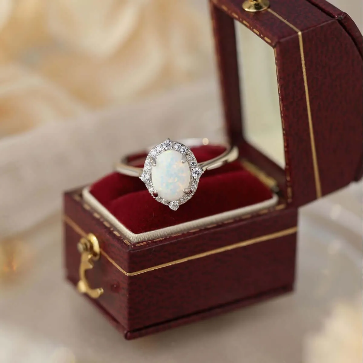 Unique S925 Silver Opal Oval Ring with CZ Diamonds