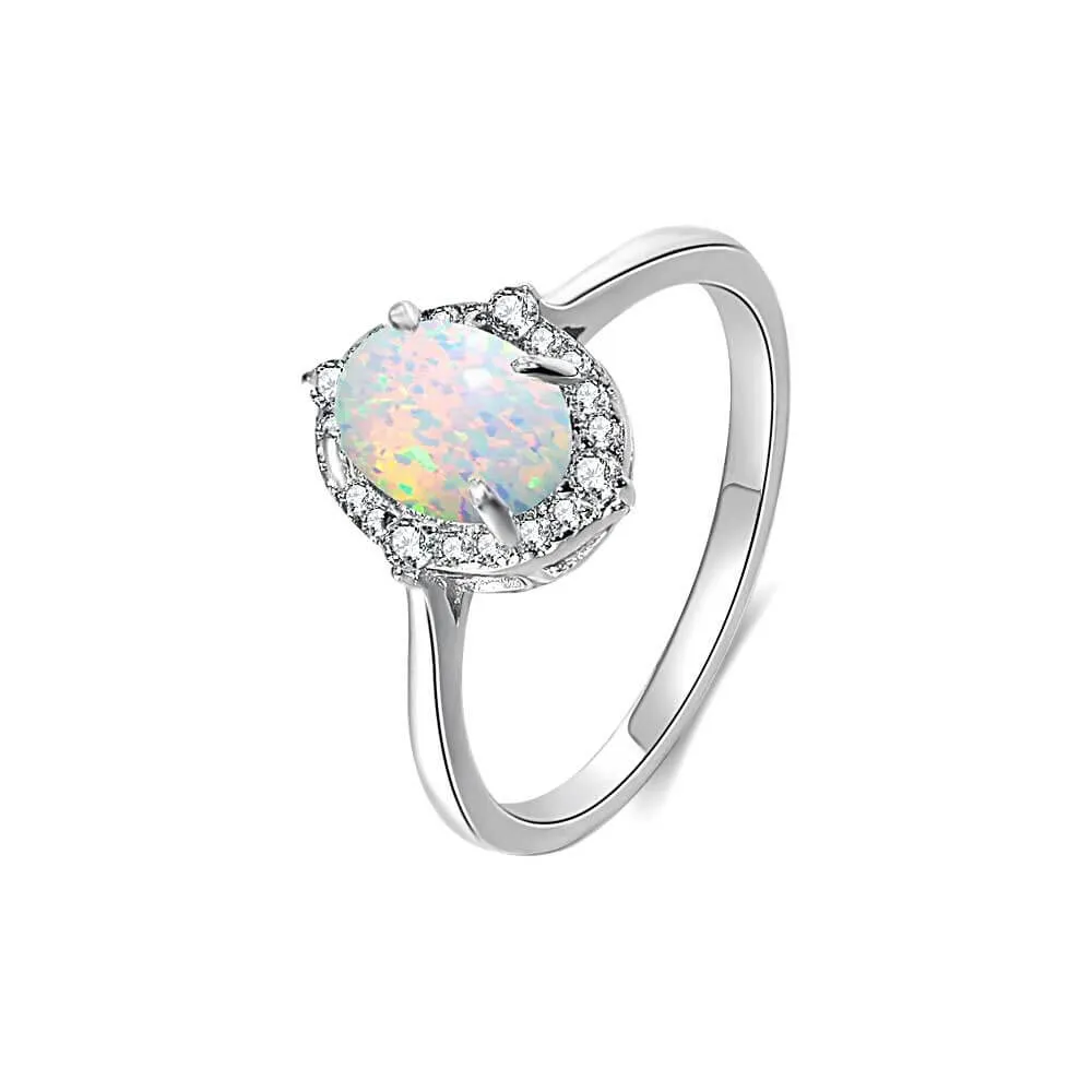 Unique S925 Silver Opal Oval Ring with CZ Diamonds