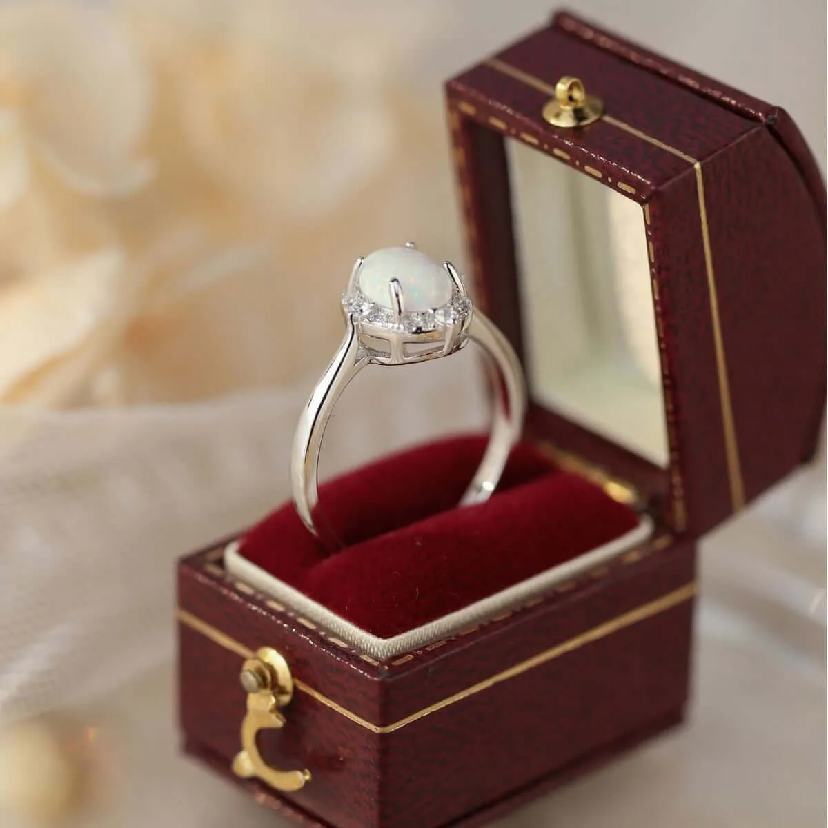 Unique S925 Silver Opal Oval Ring with CZ Diamonds
