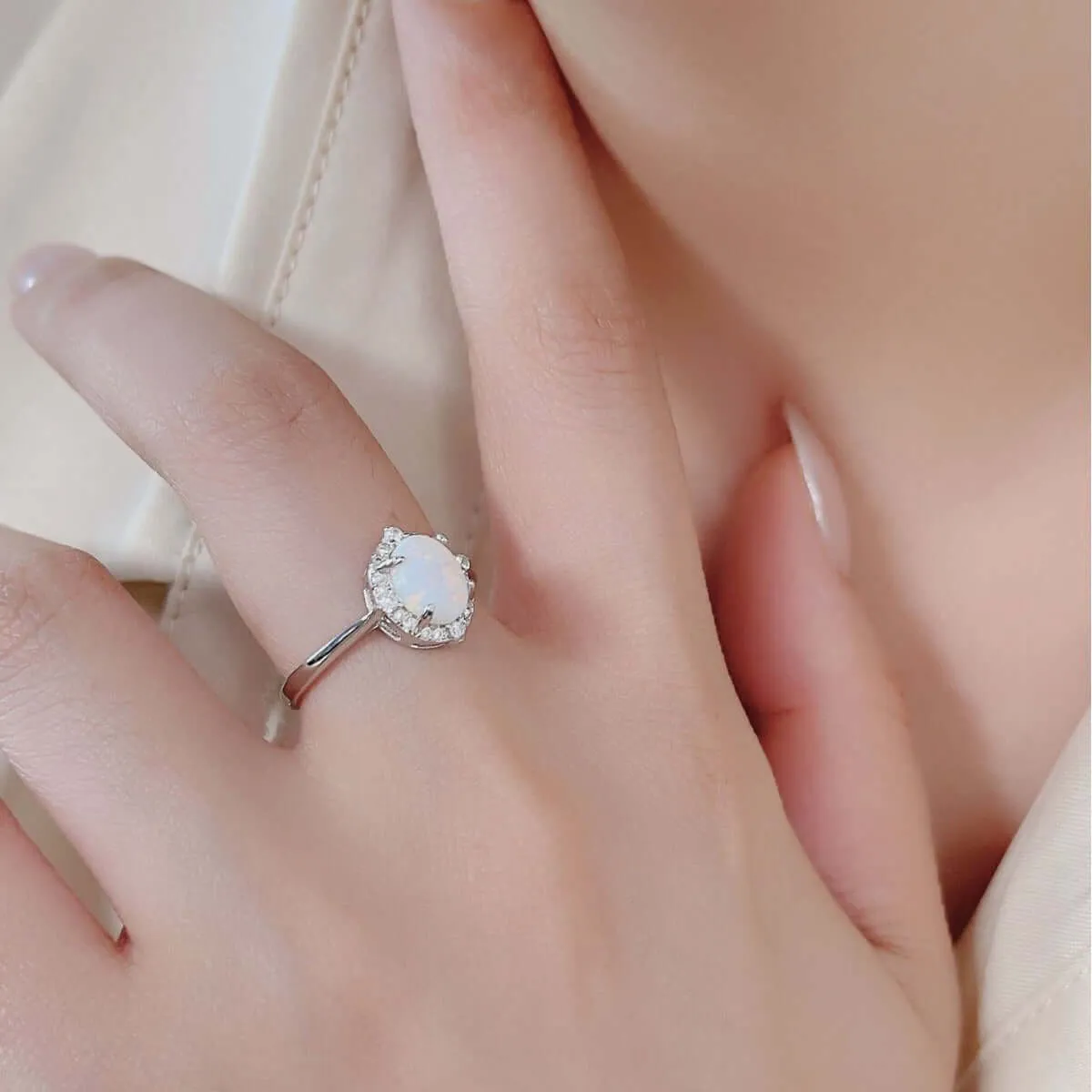 Unique S925 Silver Opal Oval Ring with CZ Diamonds