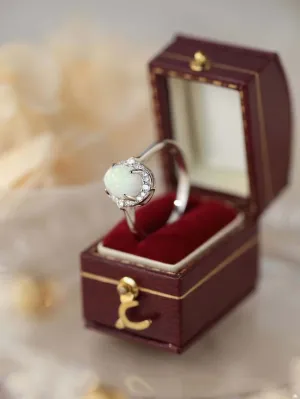 Unique S925 Silver Opal Oval Ring with CZ Diamonds