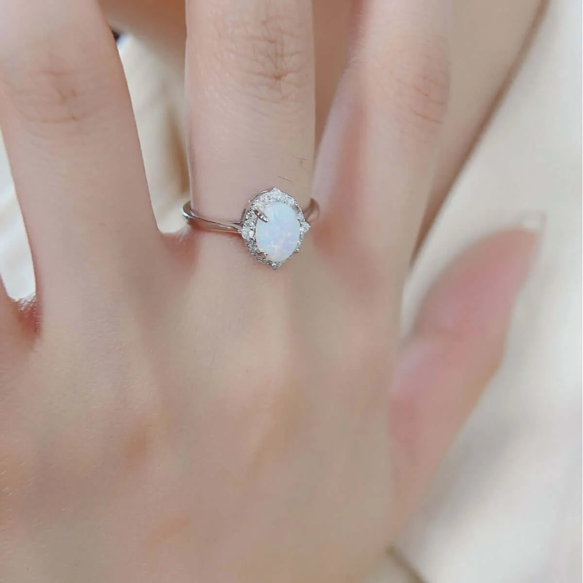 Unique S925 Silver Opal Oval Ring with CZ Diamonds