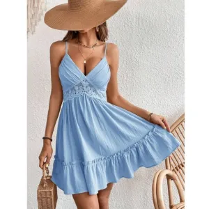 V neck guipure lace spaghetti strap mini dress boho gypsy light blue