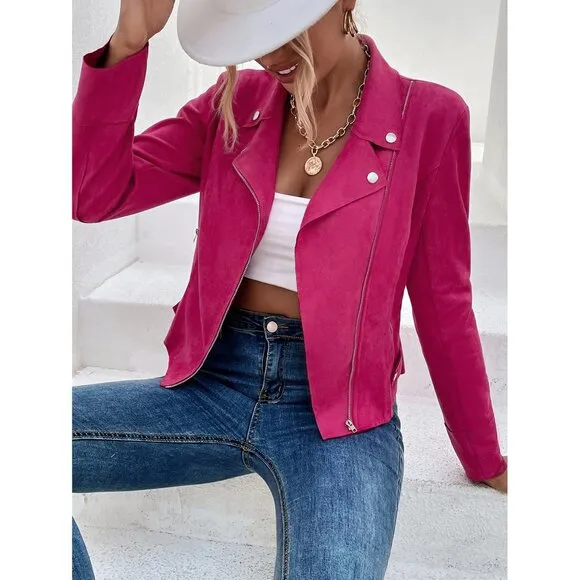 Vegan suede motorcycle jacket moto boho hot pink
