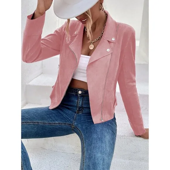 Vegan suede motorcycle jacket moto boho hot pink