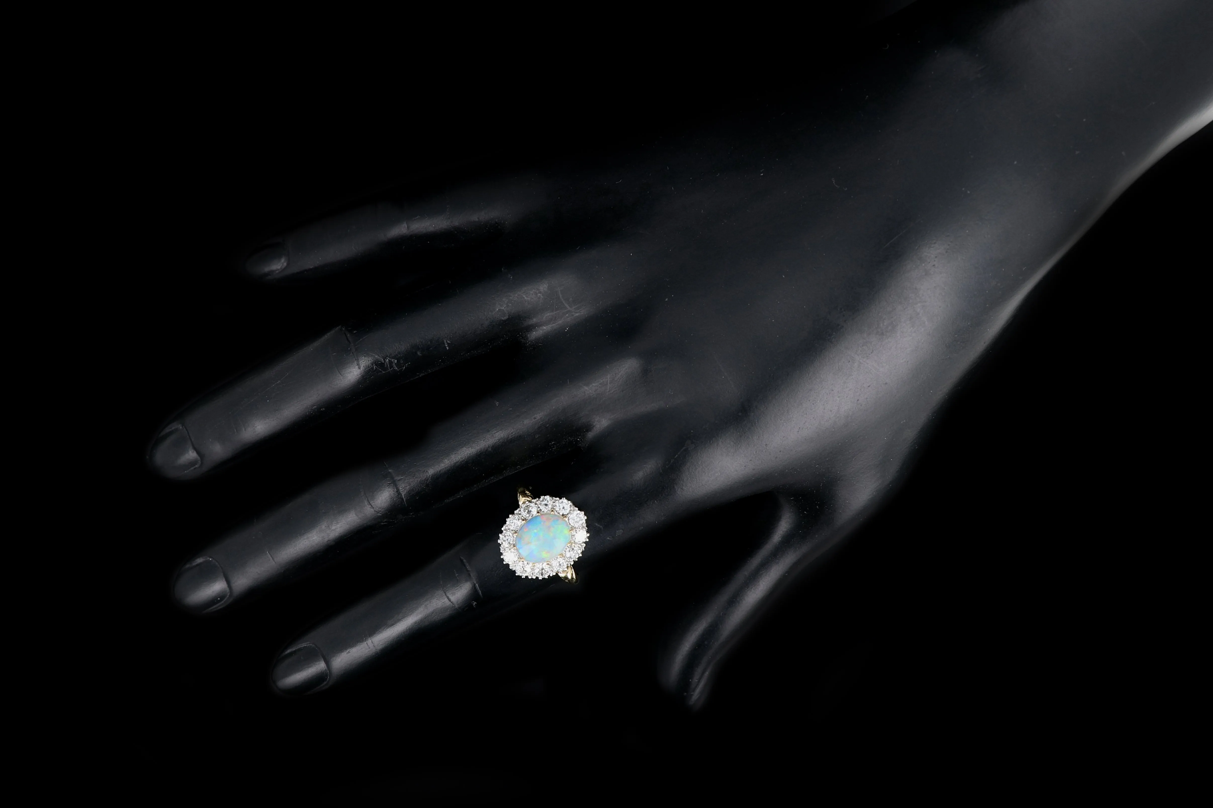 Victorian Style 18K Yellow Gold and Platinum 1.68 Carat Oval Cut Opal and Diamond Ring