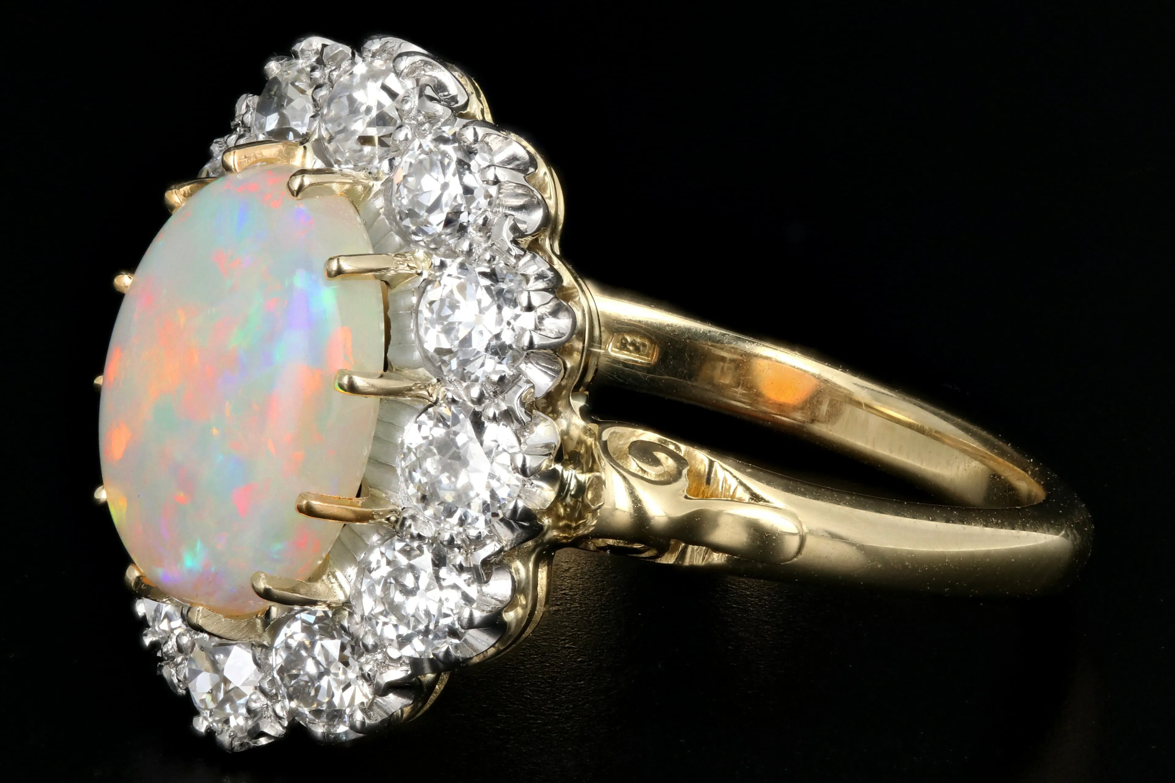 Victorian Style 18K Yellow Gold and Platinum 1.68 Carat Oval Cut Opal and Diamond Ring