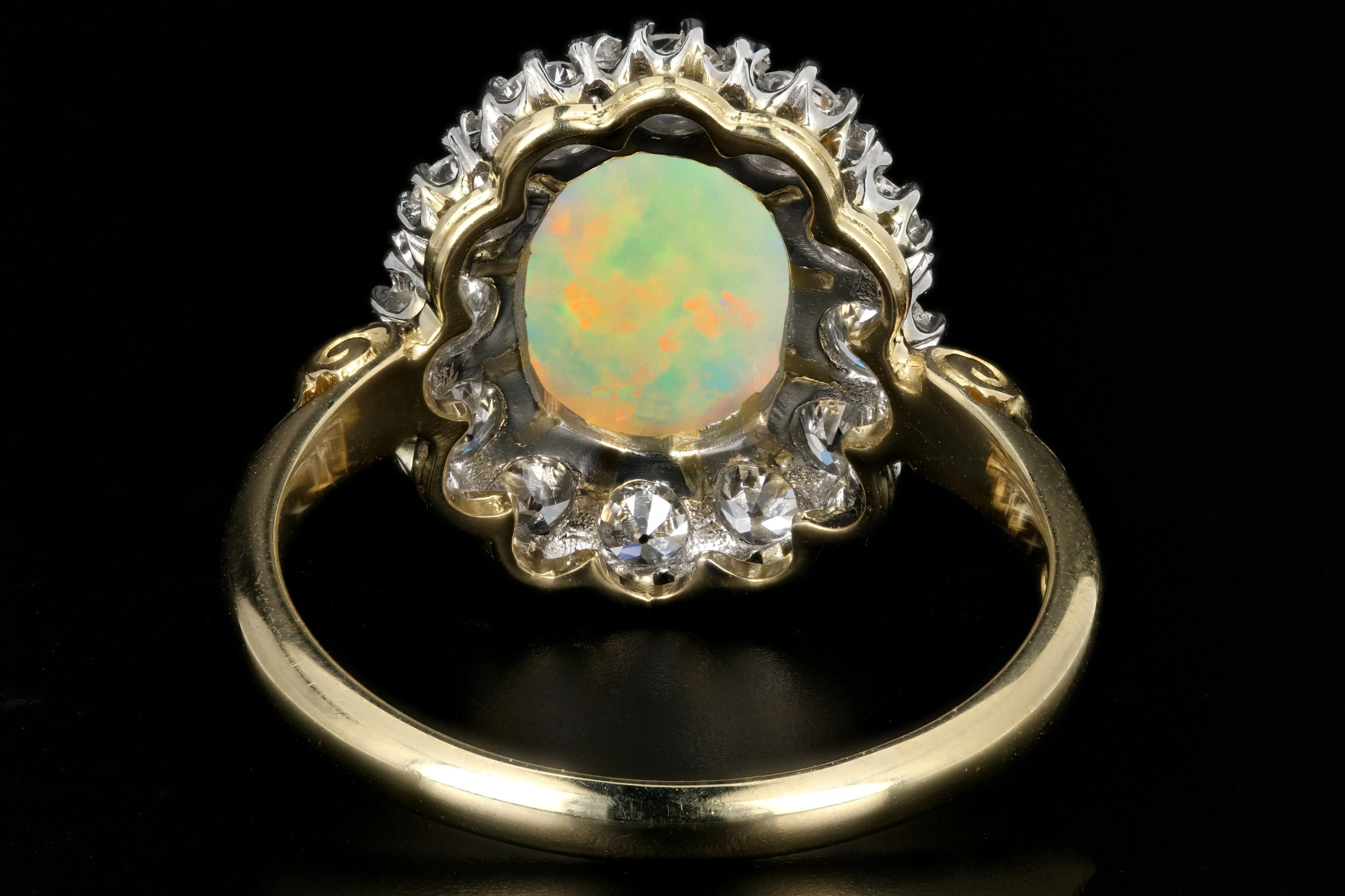 Victorian Style 18K Yellow Gold and Platinum 1.68 Carat Oval Cut Opal and Diamond Ring