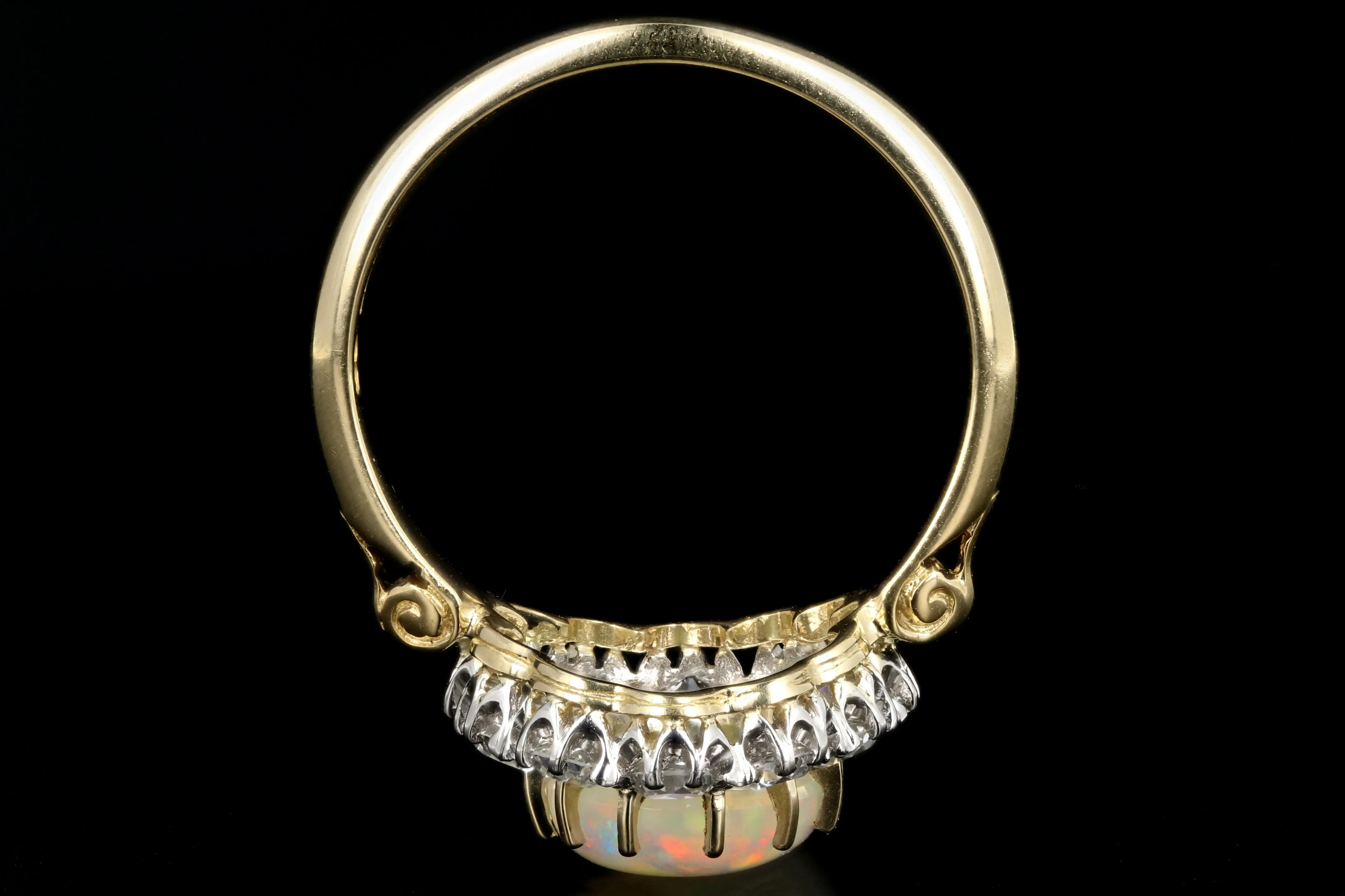 Victorian Style 18K Yellow Gold and Platinum 1.68 Carat Oval Cut Opal and Diamond Ring