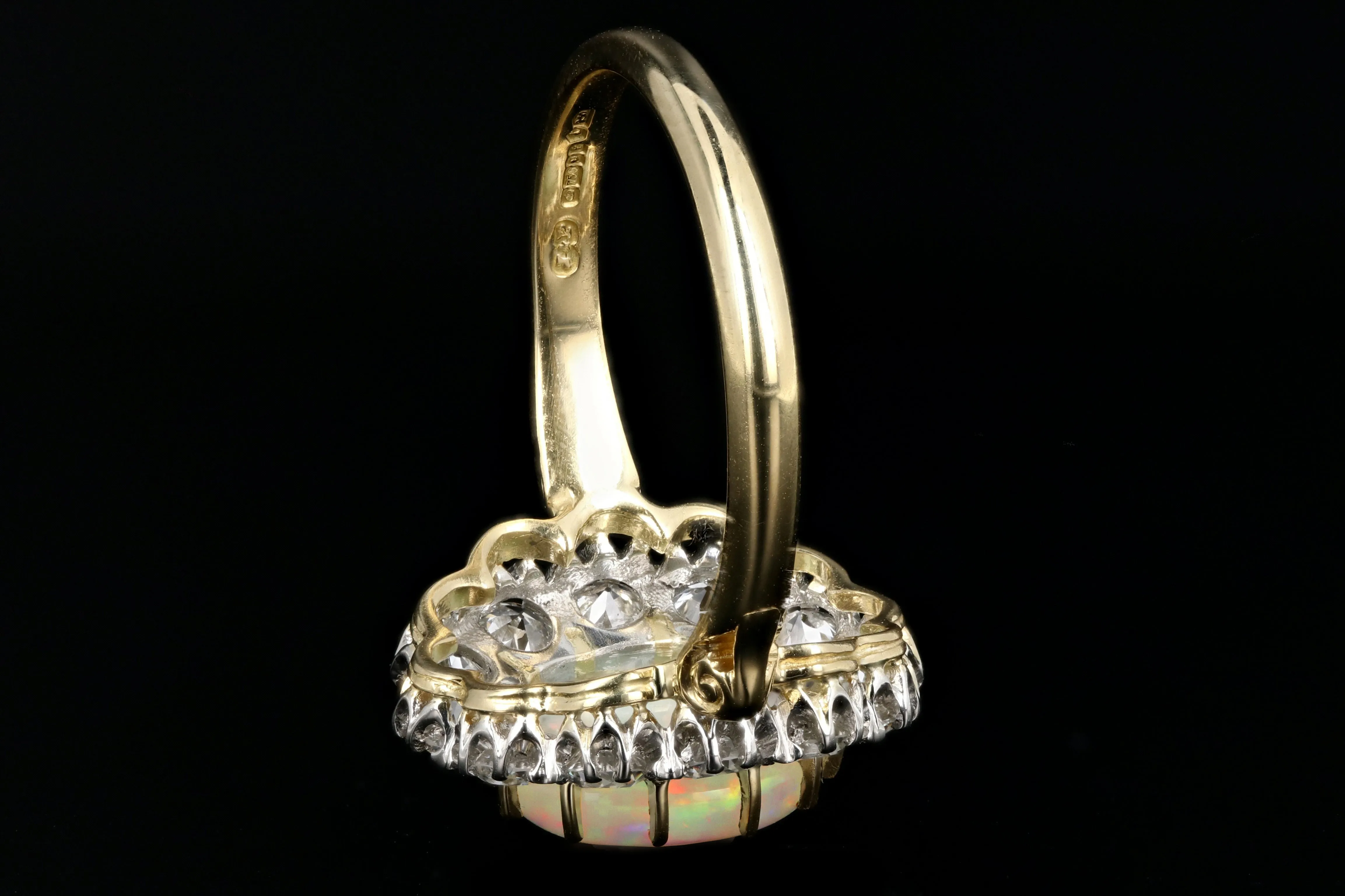 Victorian Style 18K Yellow Gold and Platinum 1.68 Carat Oval Cut Opal and Diamond Ring