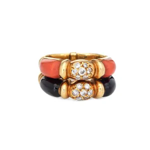 Vintage 70s Set of 2 Rings Diamond Coral Onyx 18k Yellow Gold Sz 5 Fine Jewelry