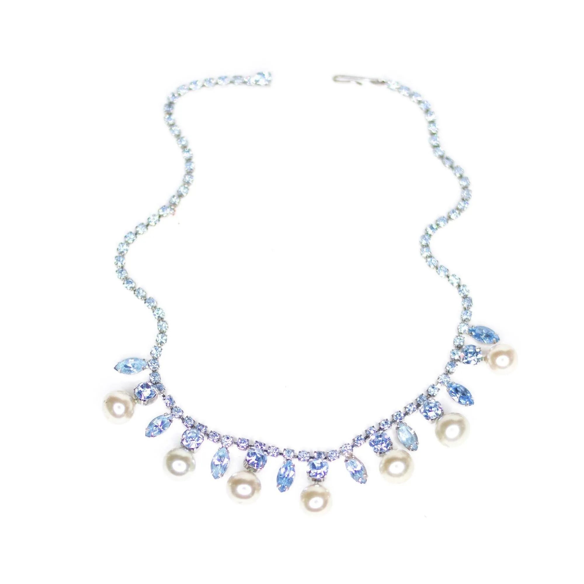 Vintage Art Deco Blue Rhinestone and Pearl Necklace