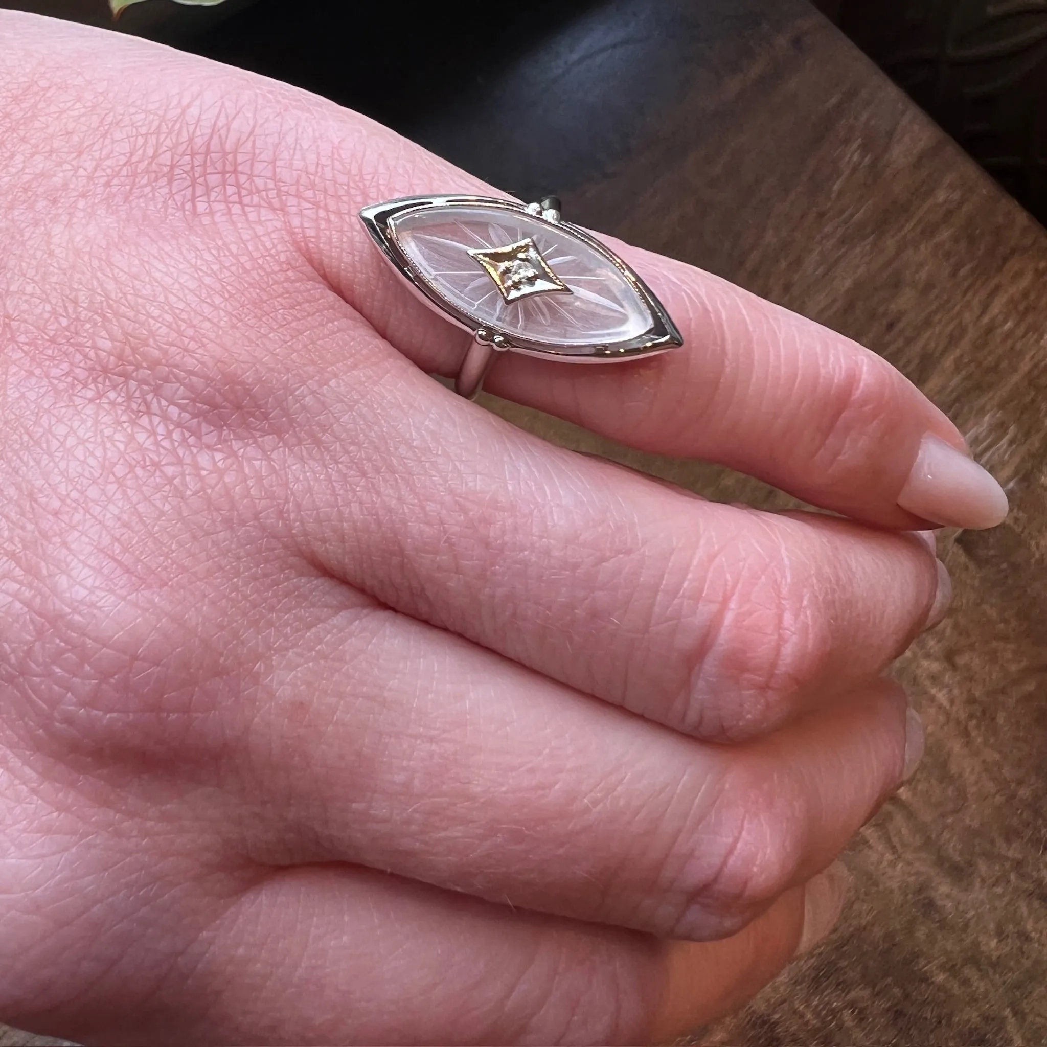 Vintage Camphor Glass Marquis White Gold Ring