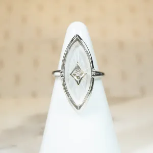 Vintage Camphor Glass Marquis White Gold Ring