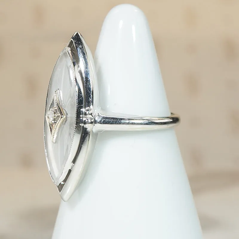 Vintage Camphor Glass Marquis White Gold Ring