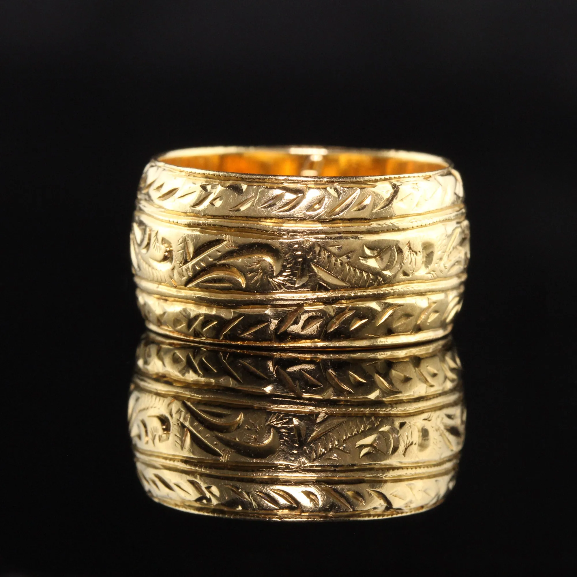 Vintage Estate English 18K Yellow Gold Engraved Wide Wedding Band